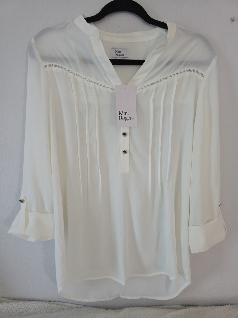 Kim Rogers Blouse Top Women Ivory Color Pintuck Button Front 3/4 Sleeve Med. NWT